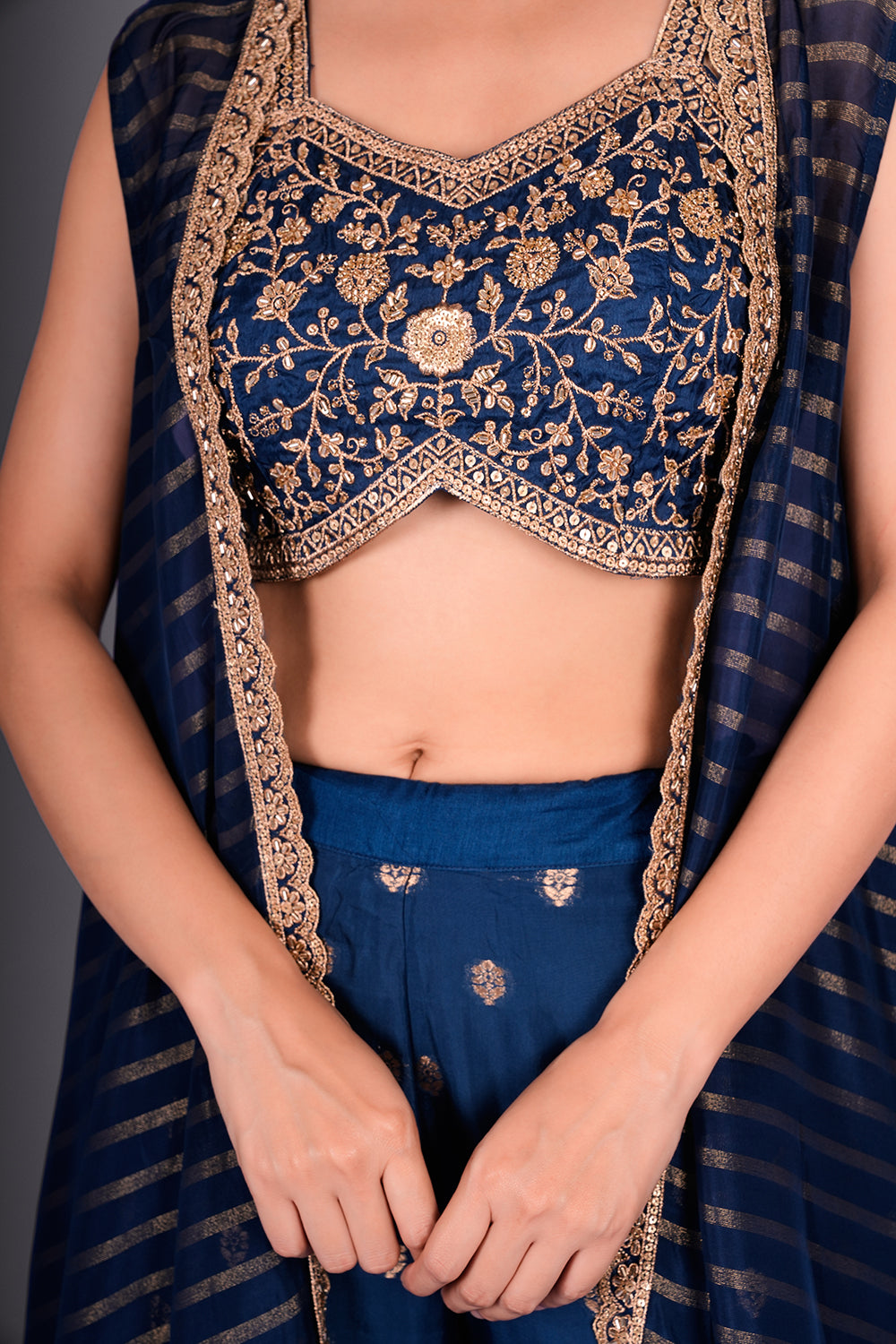 Navy Blue Suit with Embroidered Bustier and Leheriya Cape