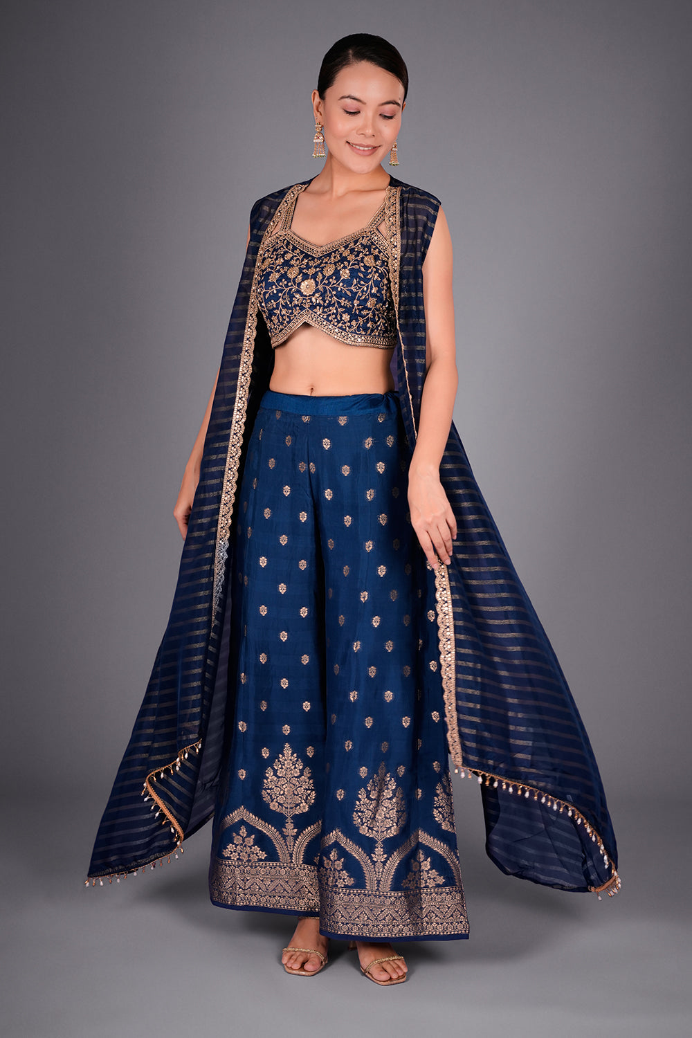 Navy Blue Suit with Embroidered Bustier and Leheriya Cape