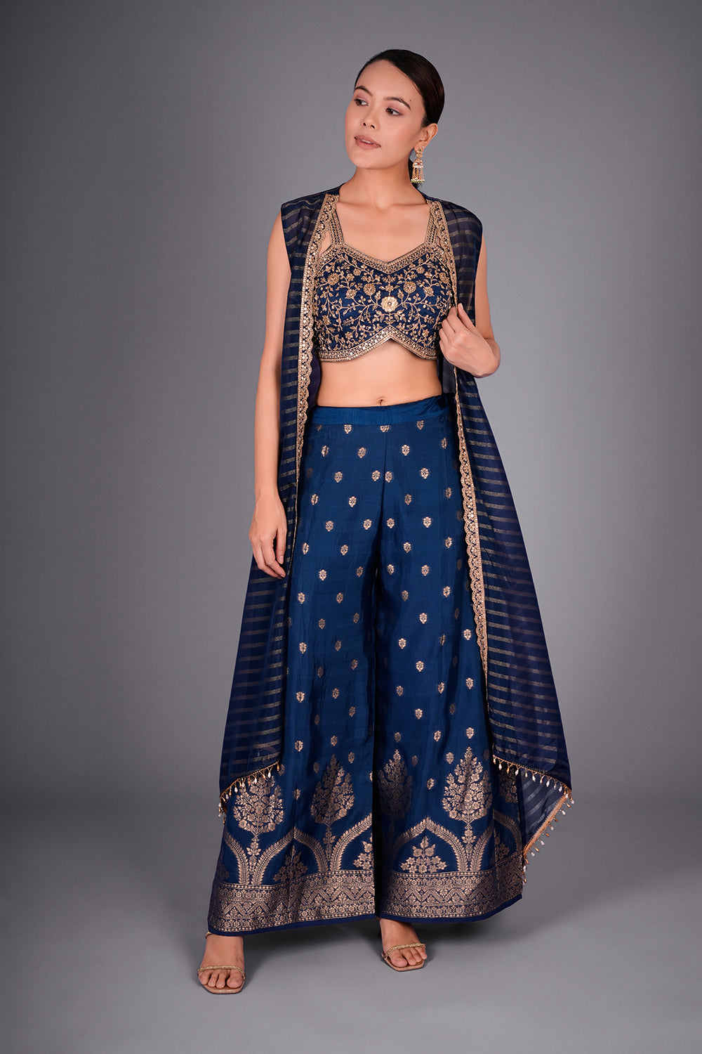 Navy Blue Suit with Embroidered Bustier and Leheriya Cape