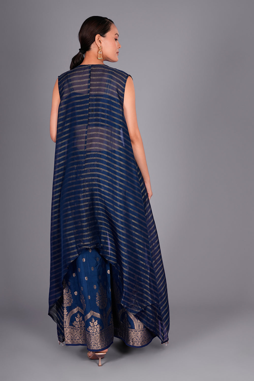 Navy Blue Suit with Embroidered Bustier and Leheriya Cape