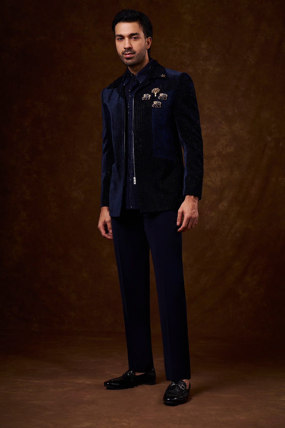 Navy Blue Velvet Men's Indo-Western Set with Metal Emblems