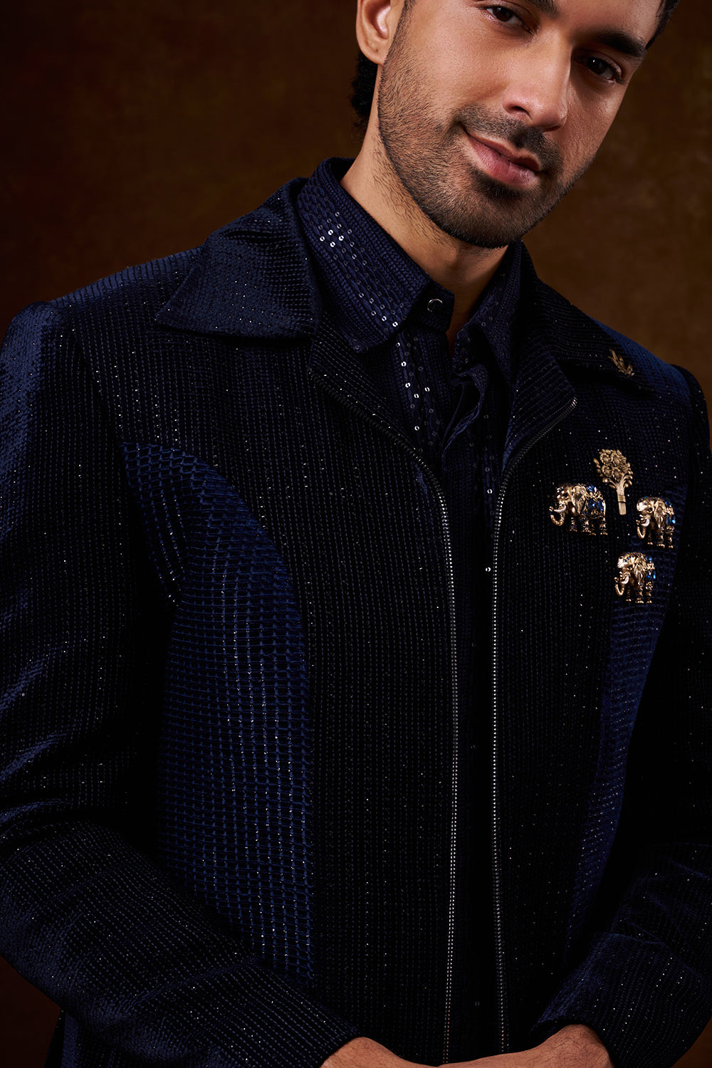 Navy Blue Velvet Men's Indo-Western Set with Metal Emblems