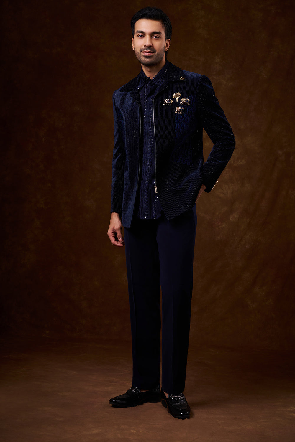 Navy Blue Velvet Men's Indo-Western Set with Metal Emblems