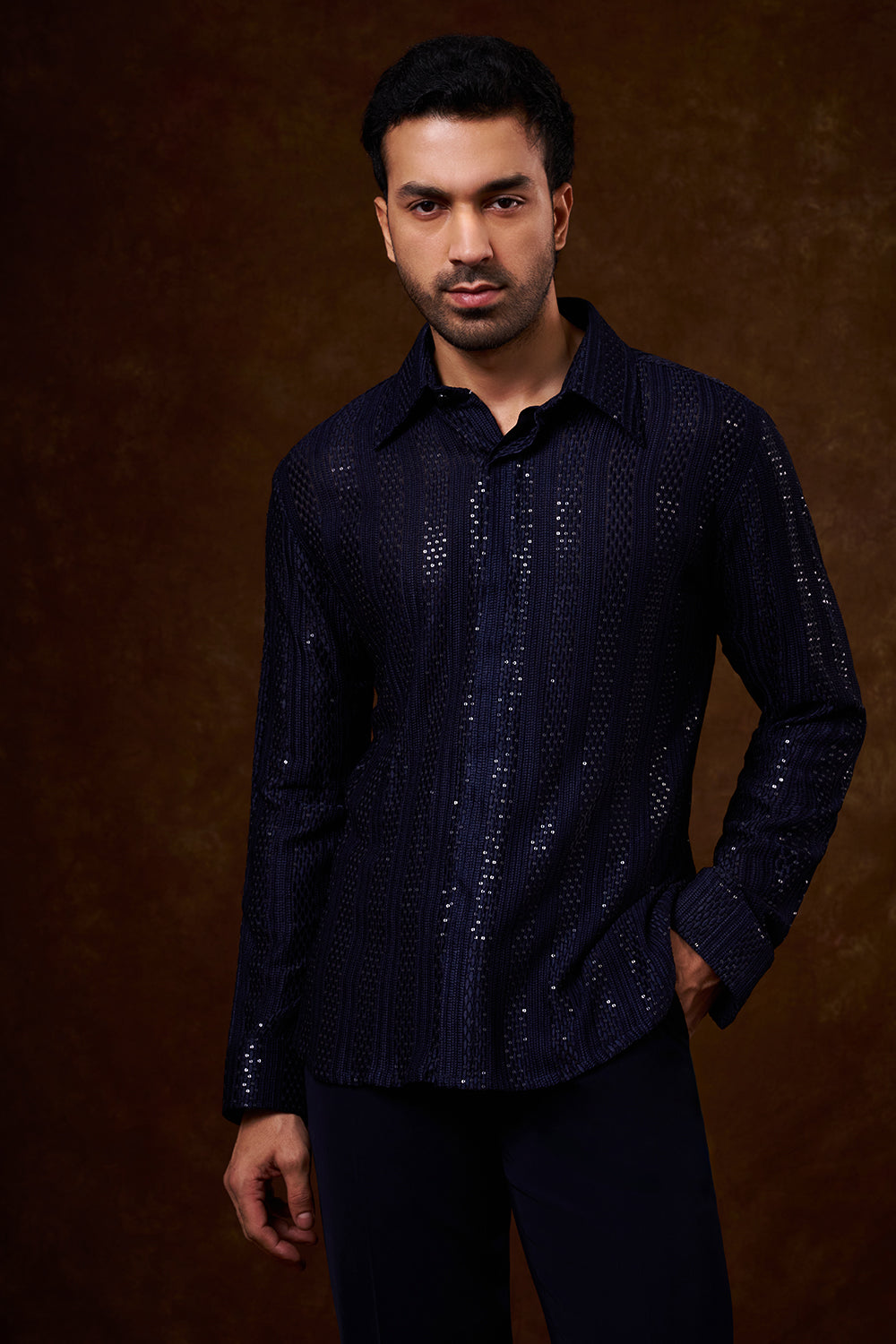 Navy Blue Velvet Men's Indo-Western Set with Metal Emblems