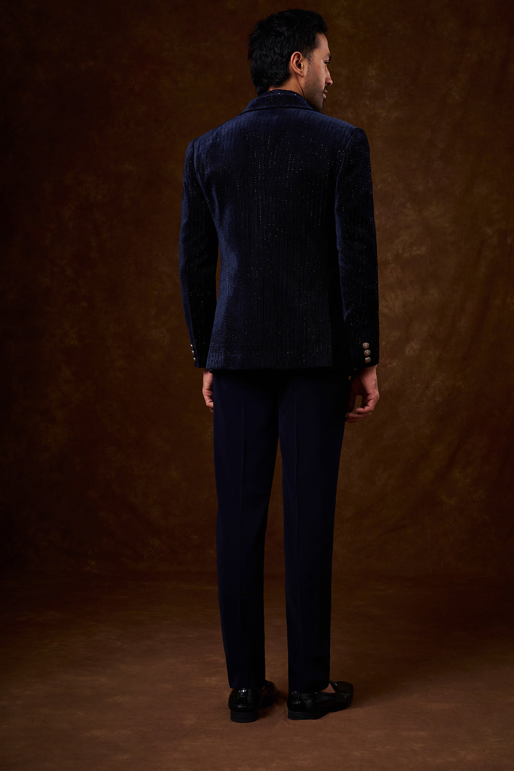 Navy Blue Velvet Men's Indo-Western Set with Metal Emblems