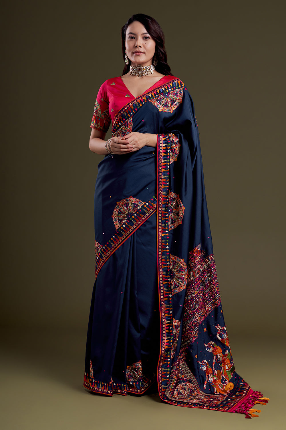 Navy Folk-Embroidered Silk Saree