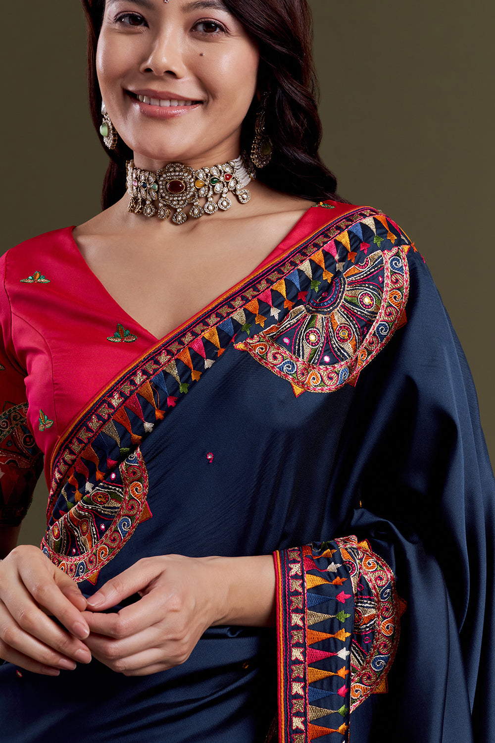 Navy Folk-Embroidered Silk Saree