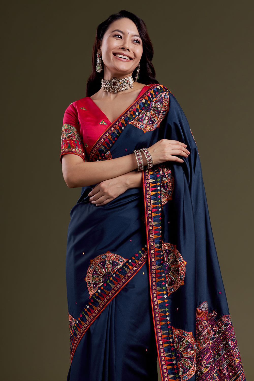 Navy Folk-Embroidered Silk Saree