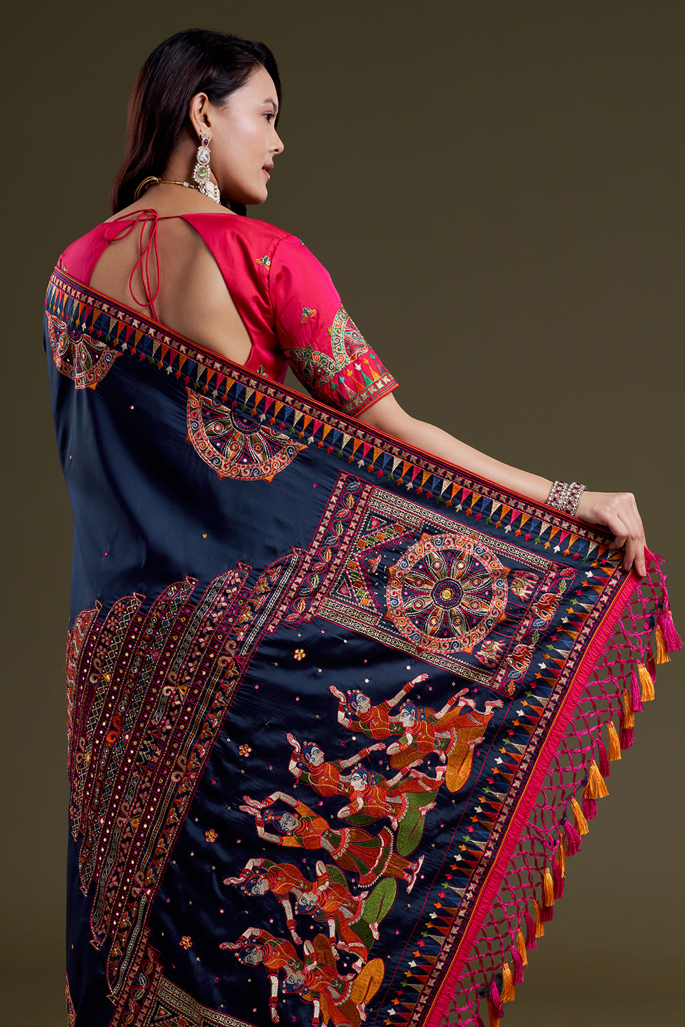Navy Folk-Embroidered Silk Saree