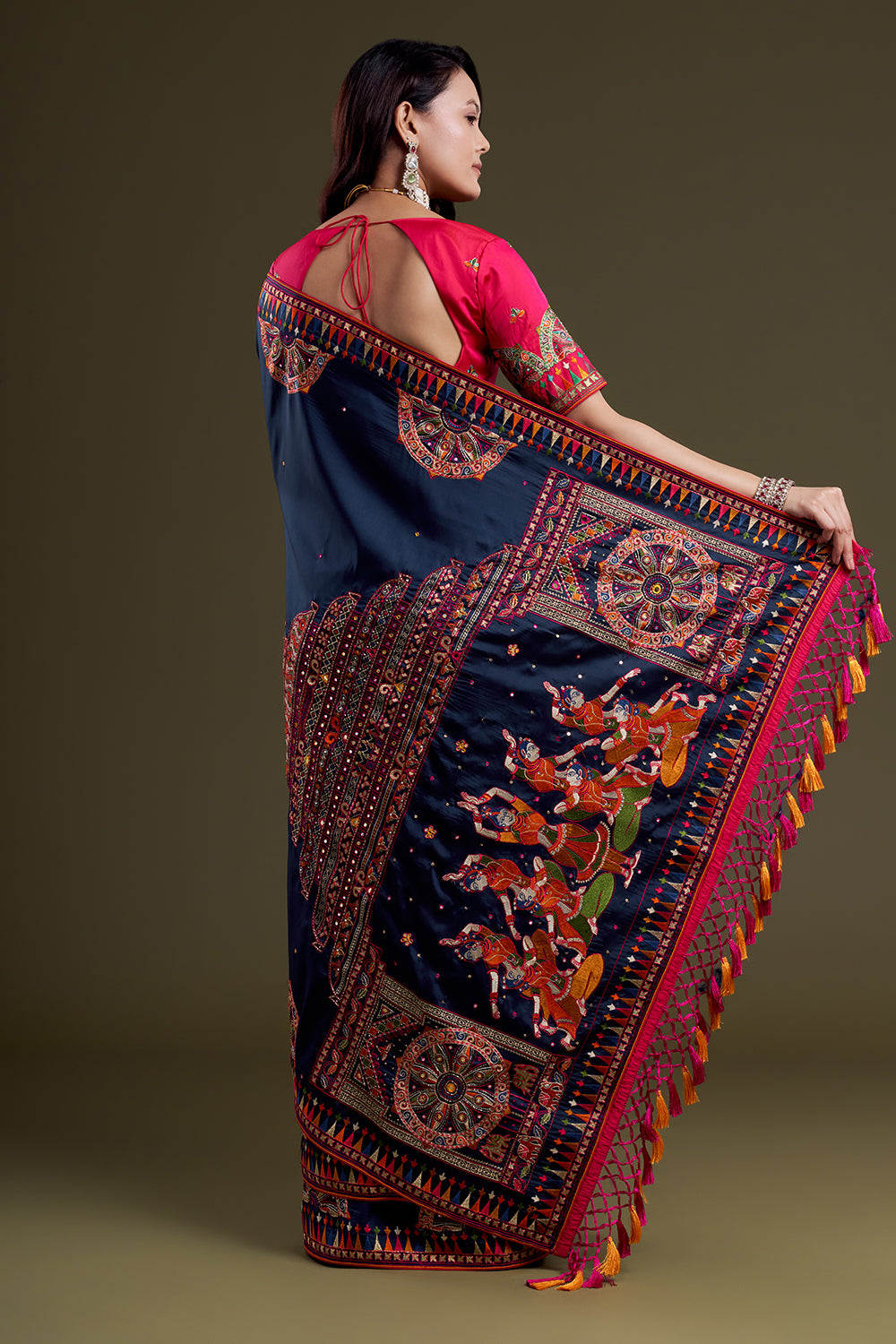 Navy Folk-Embroidered Silk Saree