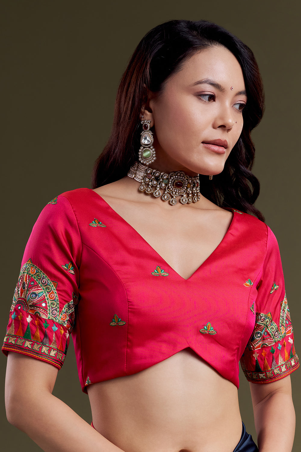 Navy Folk-Embroidered Silk Saree