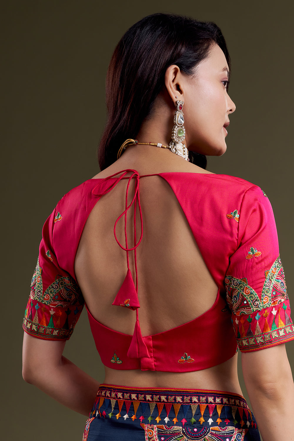 Navy Folk-Embroidered Silk Saree