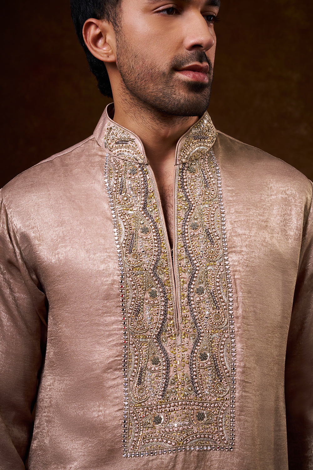 Nude Shimmer Georgette Men's Kurta Set with Zardozi Work