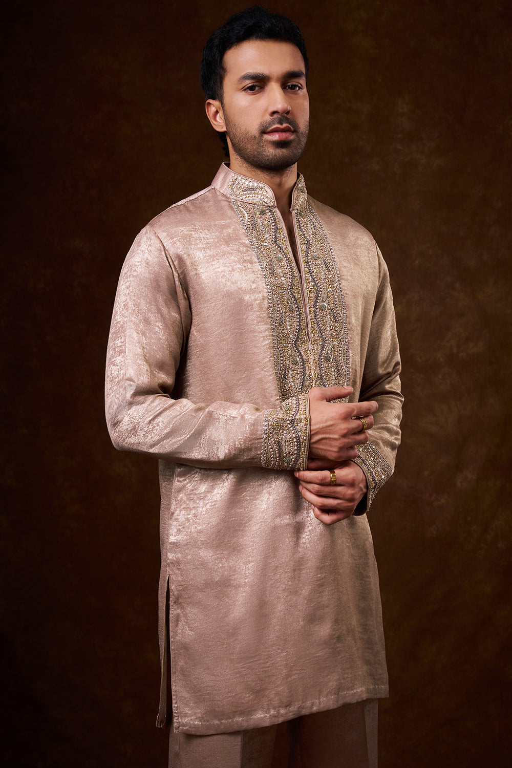 Nude Shimmer Georgette Men's Kurta Set with Zardozi Work