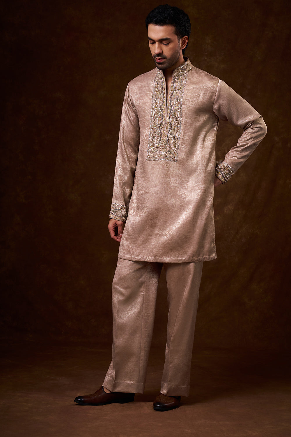 Nude Shimmer Georgette Men's Kurta Set with Zardozi Work