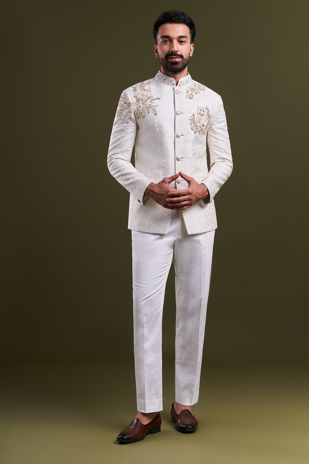 Off-White Art Silk Embellished Jodhpuri Set