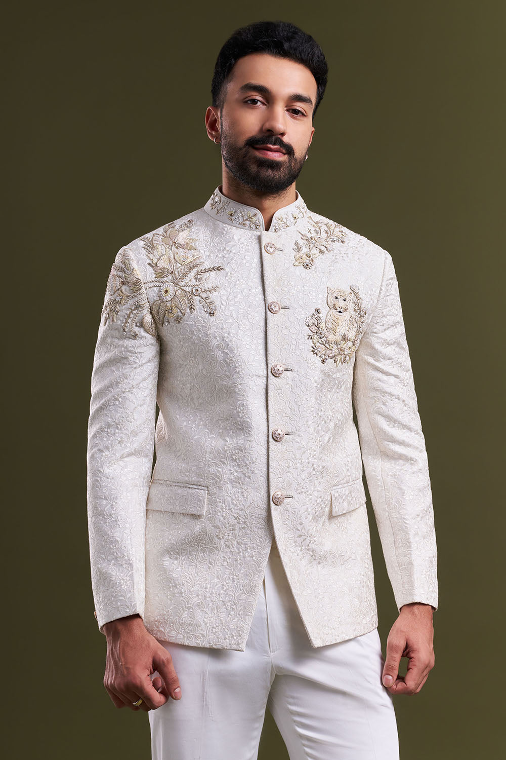 Off-White Art Silk Embellished Jodhpuri Set
