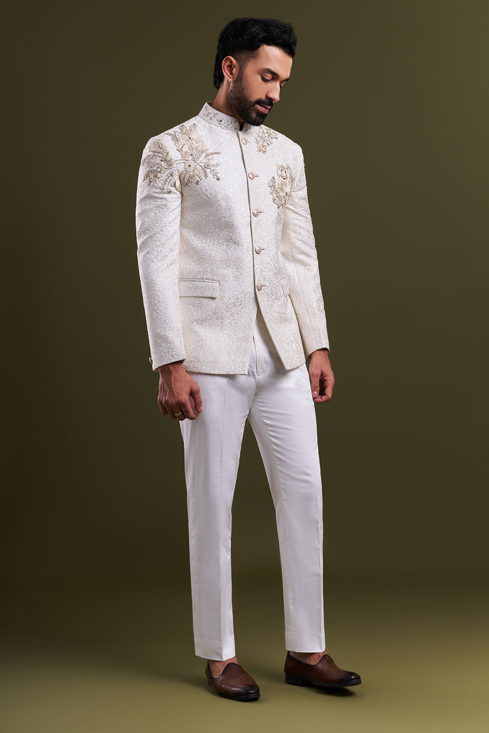 Off-White Art Silk Embellished Jodhpuri Set
