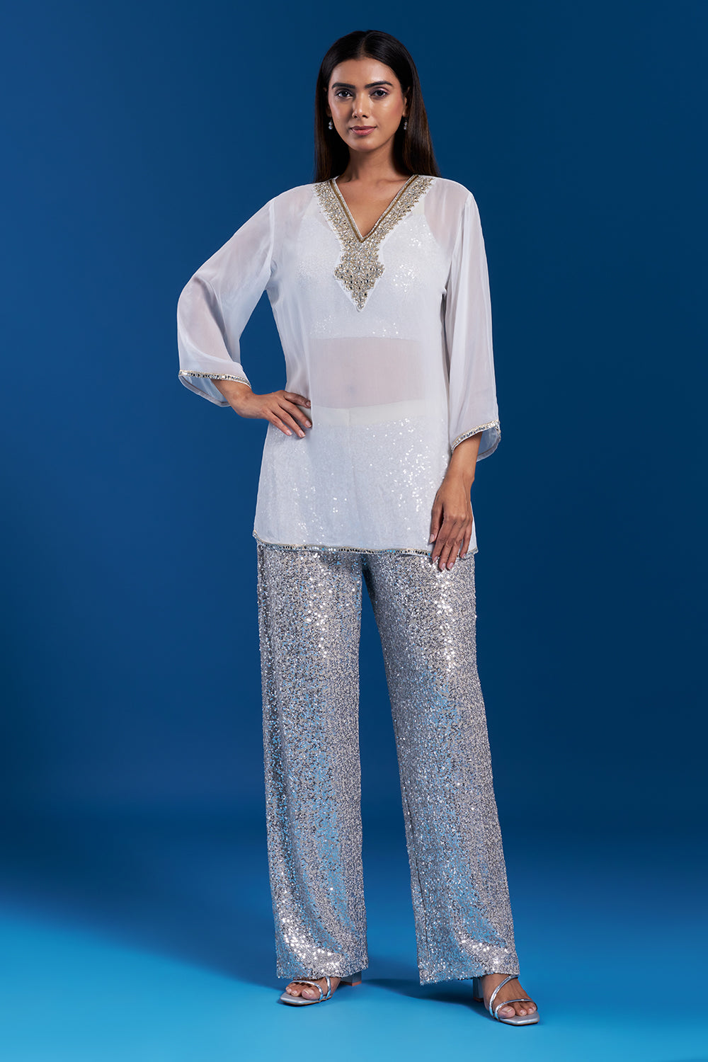 Off-White Co-ord Set with Sequin Work