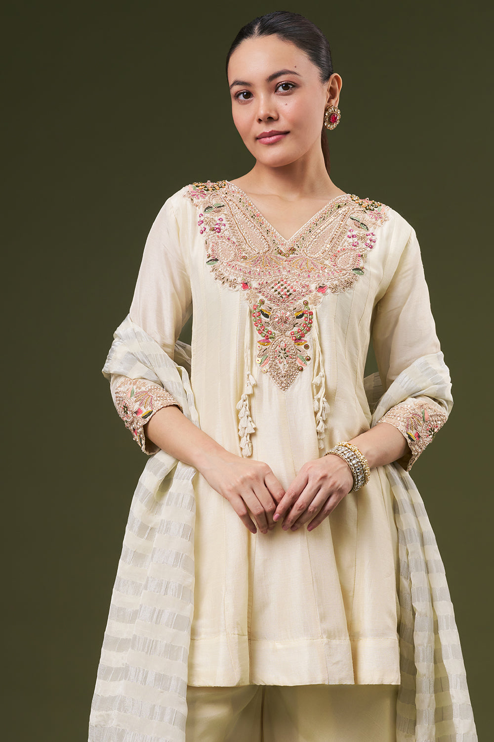 Off White Cotton Silk Palazzo Suit with Gotta and Thread Work
