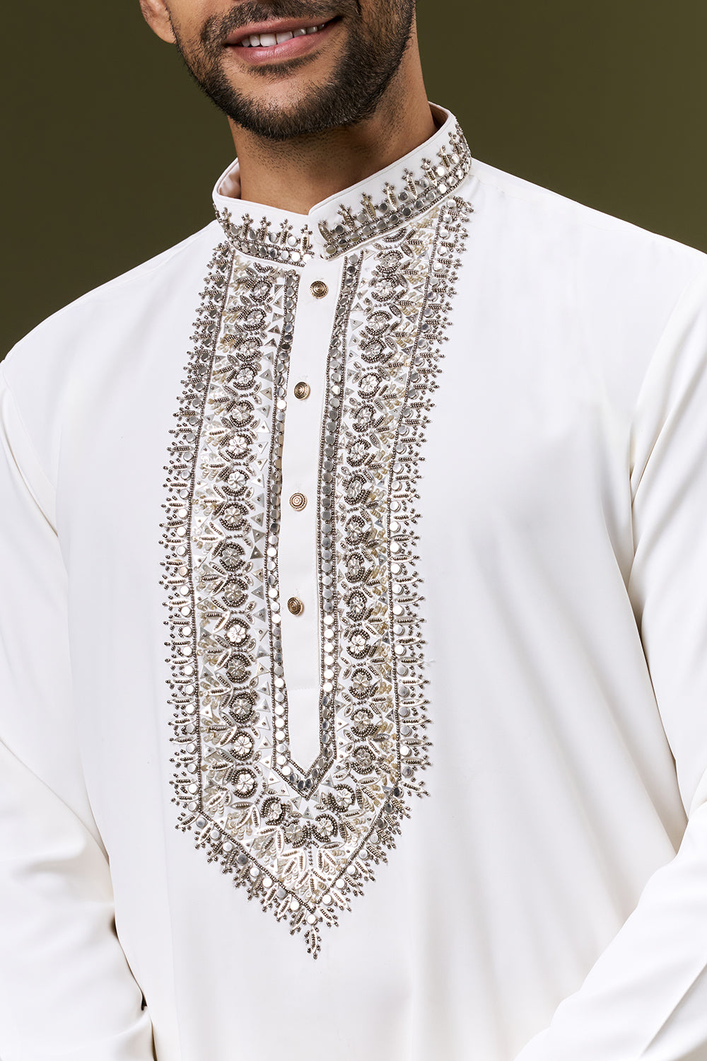 Off White Georgette Mens Kurta Set with Sequin and Bead Work