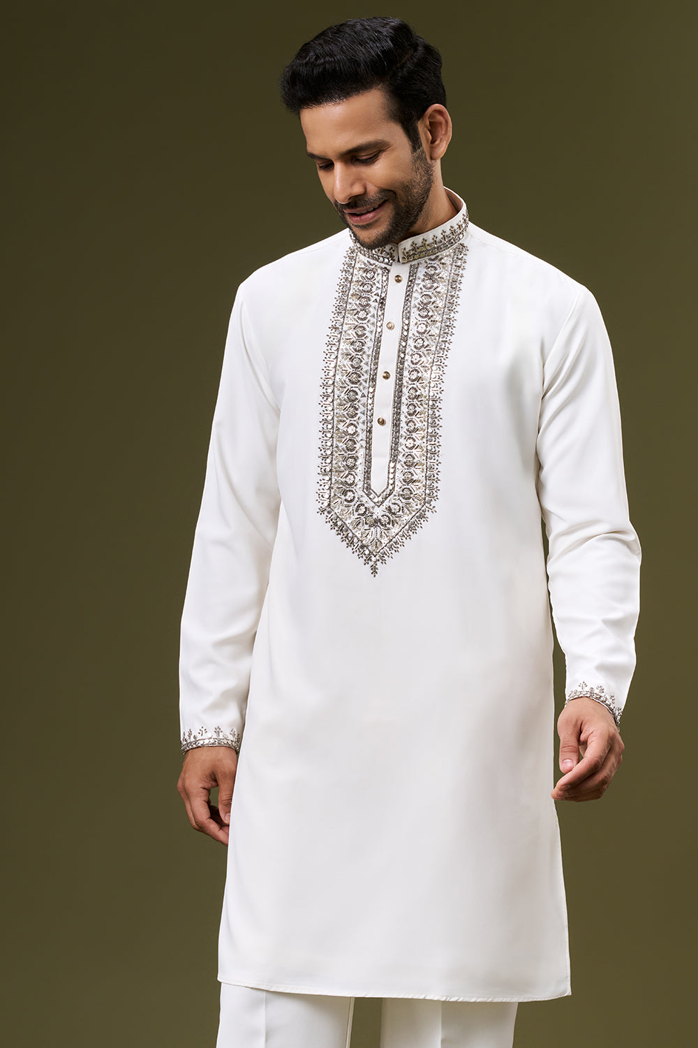 Off White Georgette Mens Kurta Set with Sequin and Bead Work