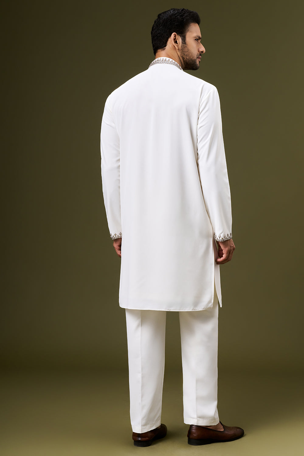 Off White Georgette Mens Kurta Set with Sequin and Bead Work