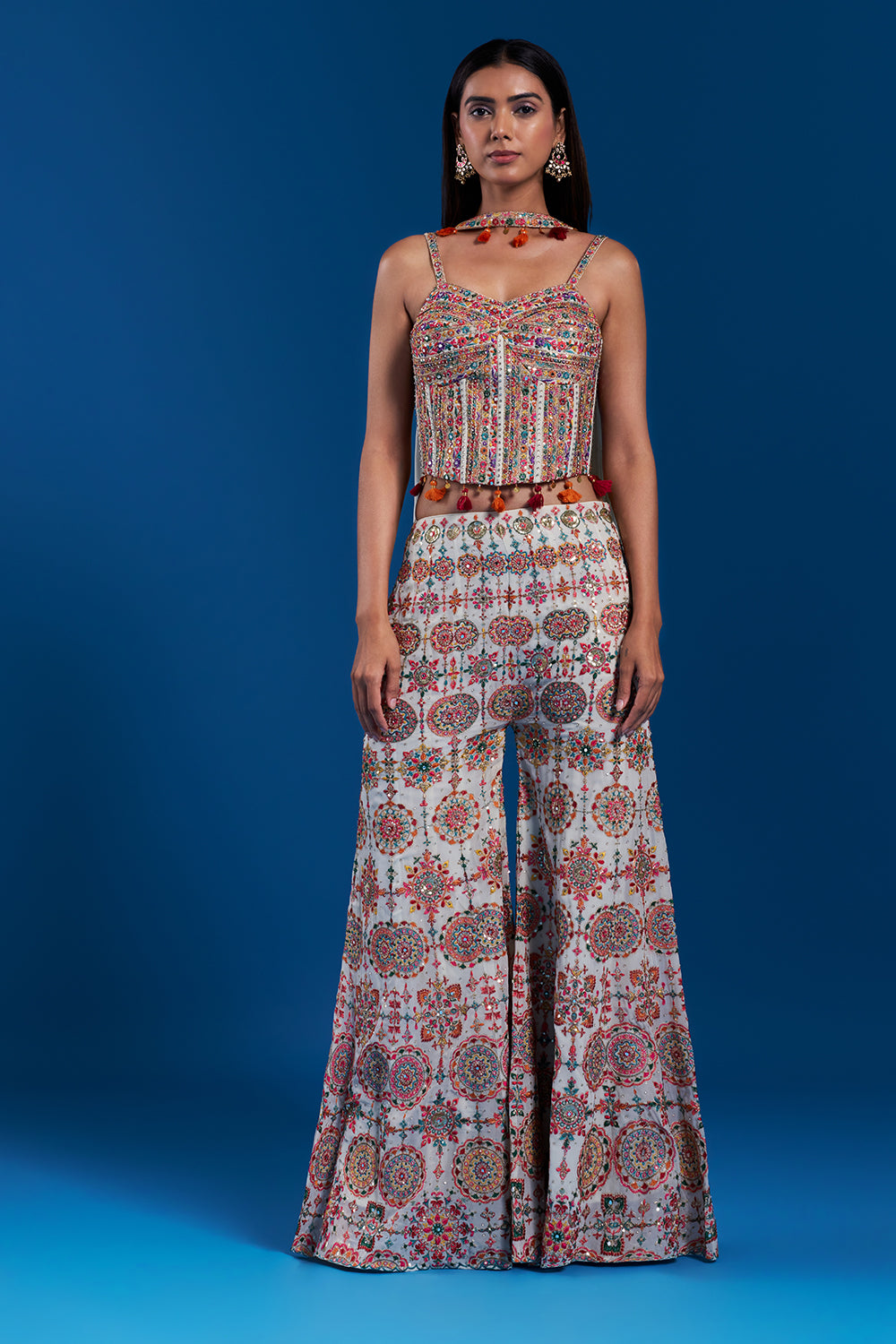 Off-White Georgette Indo-Western Set with Zari Embroidery