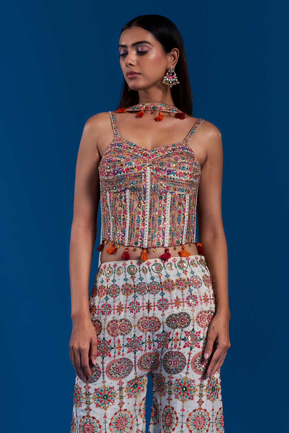 Off-White Georgette Indo-Western Set with Zari Embroidery