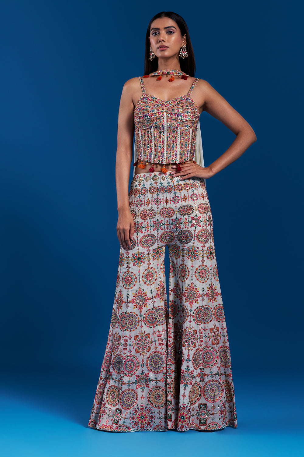 Off-White Georgette Indo-Western Set with Zari Embroidery
