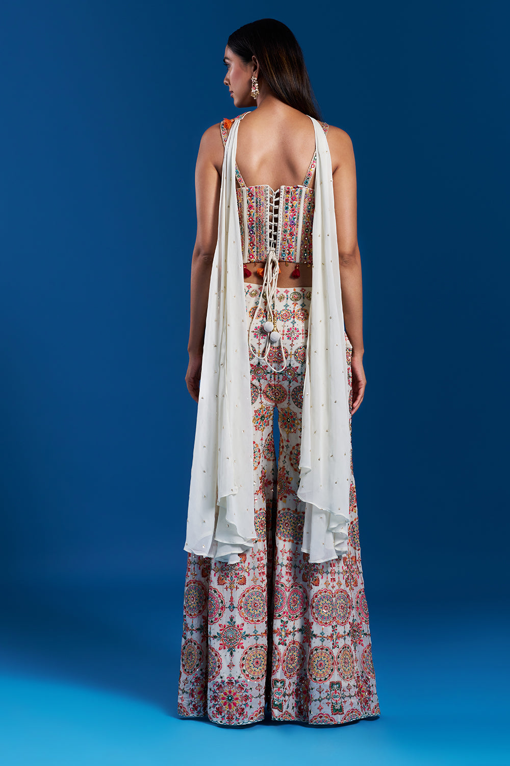Off-White Georgette Indo-Western Set with Zari Embroidery