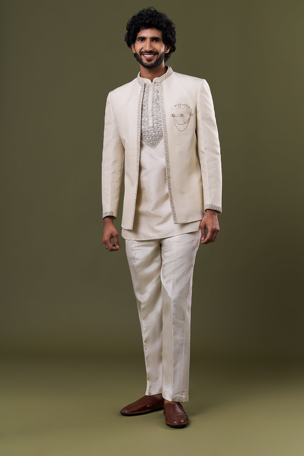 Off White Linen Jute Embellished Jacket Set