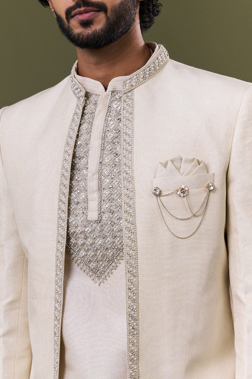 Off White Linen Jute Embellished Jacket Set