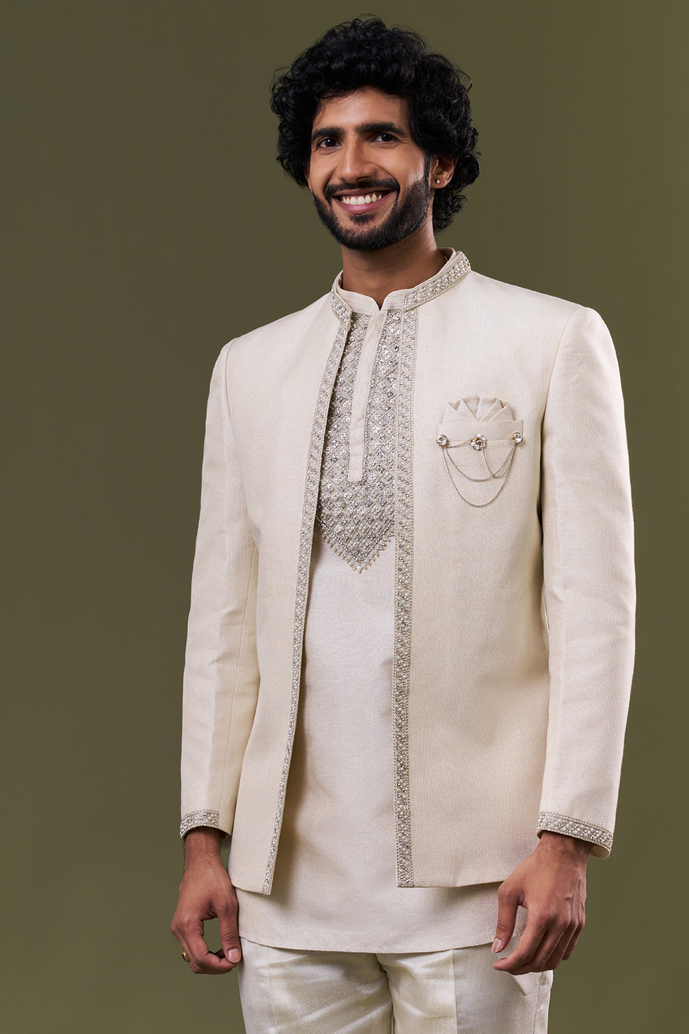 Off White Linen Jute Embellished Jacket Set