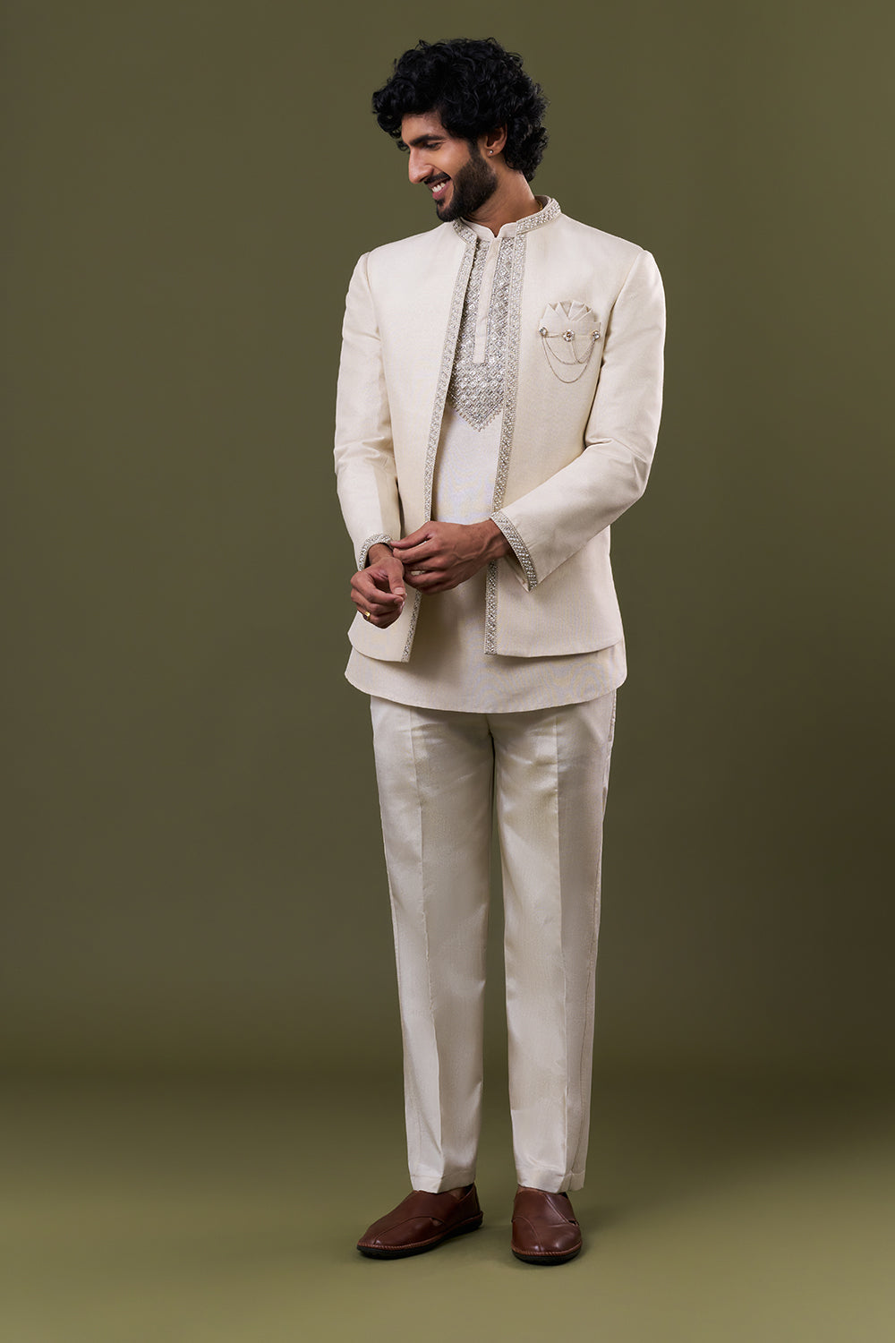 Off White Linen Jute Embellished Jacket Set