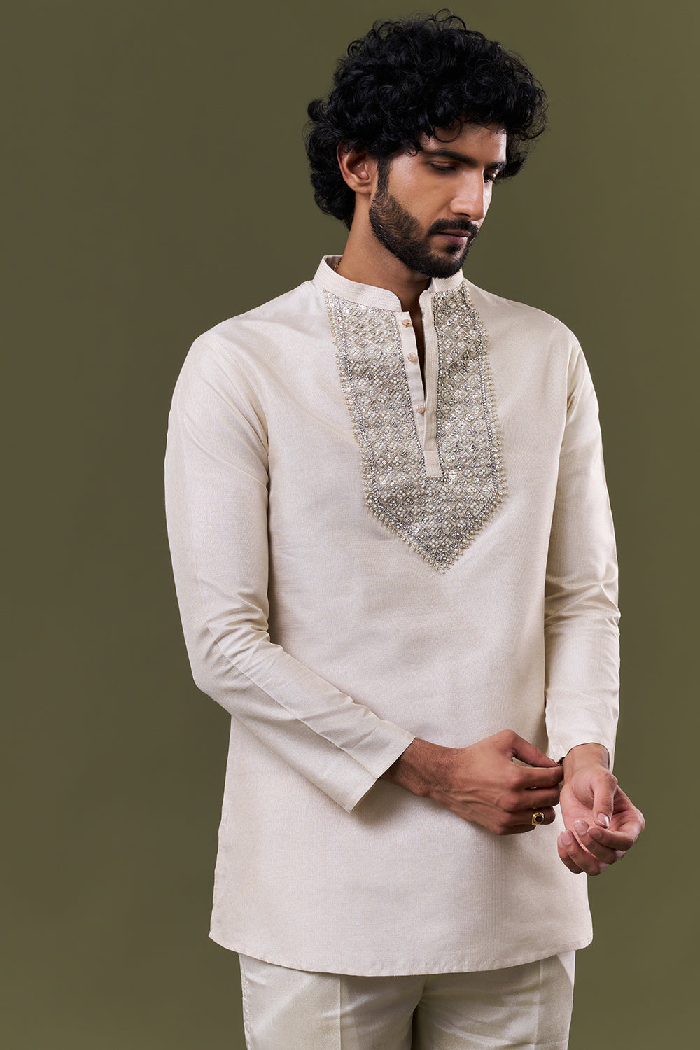Off White Linen Jute Embellished Jacket Set