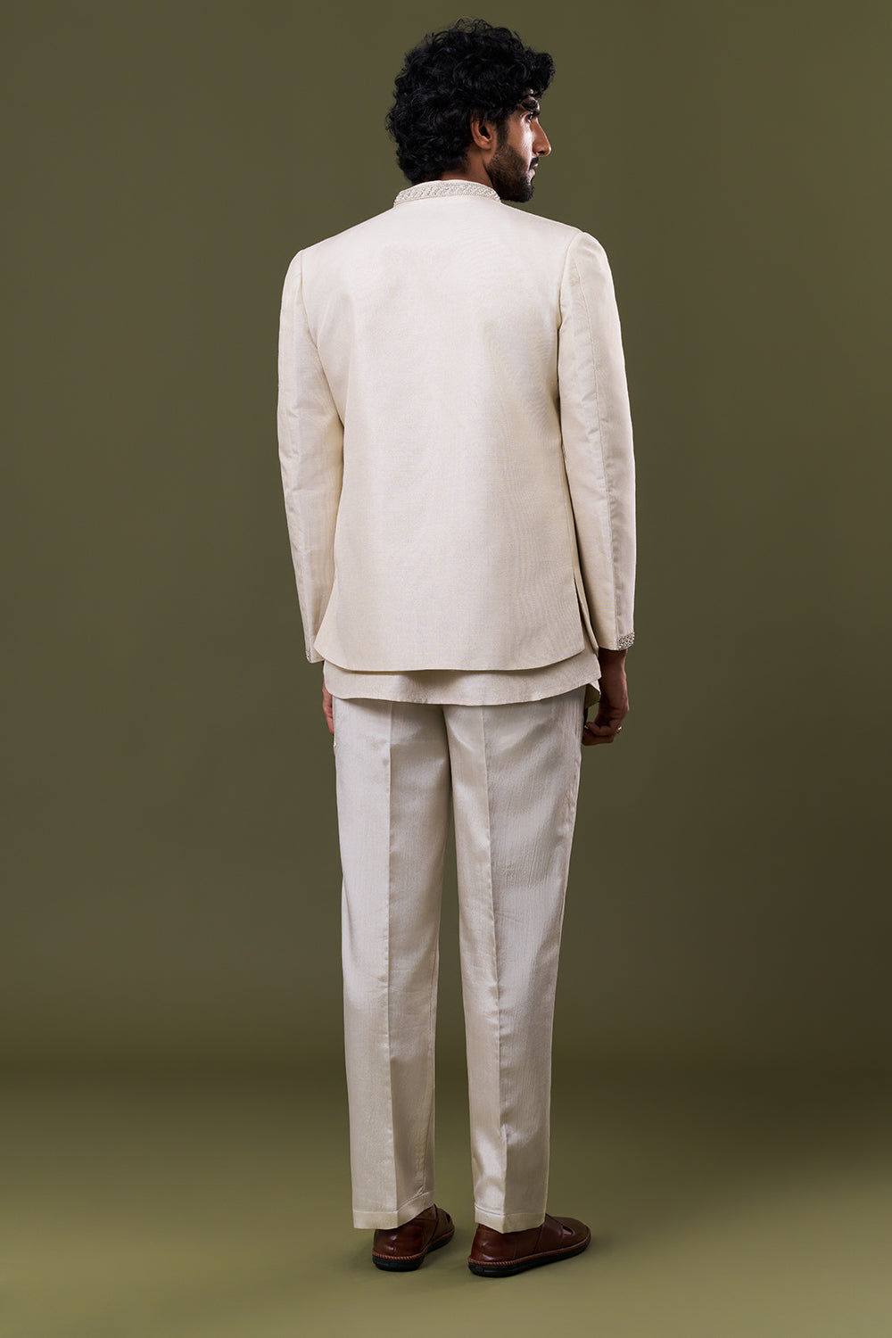 Off White Linen Jute Embellished Jacket Set