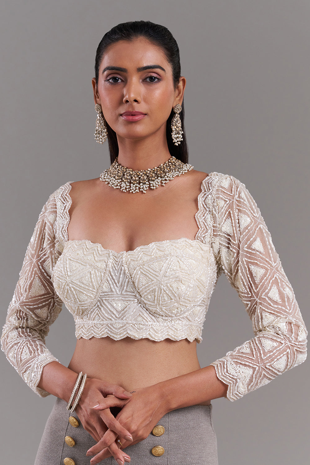 Off-White Net Blouse with Geometric Beadwork and Statement Sleeves