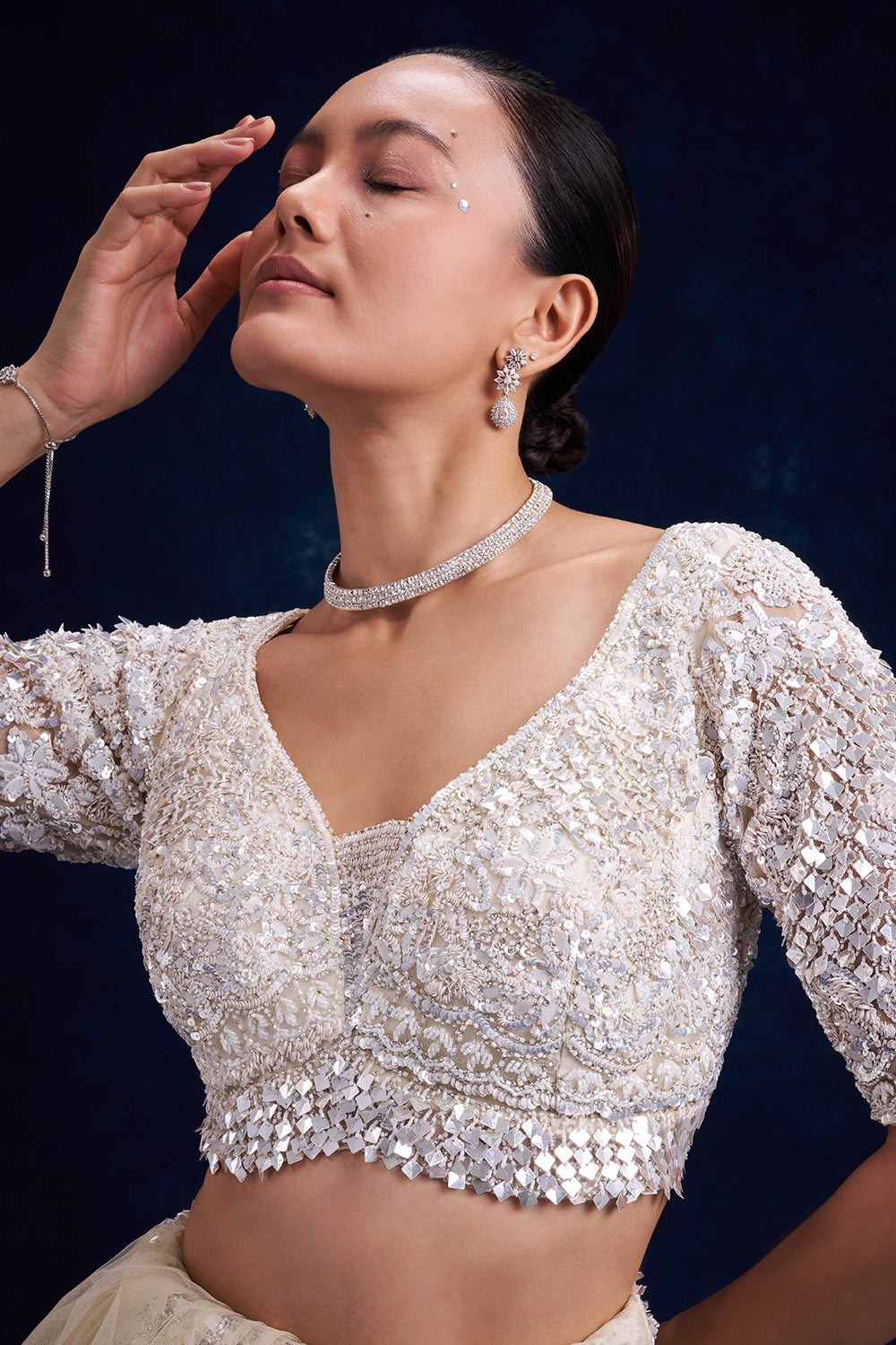 Off-White Net Bridal Lehenga with Cutdana Work