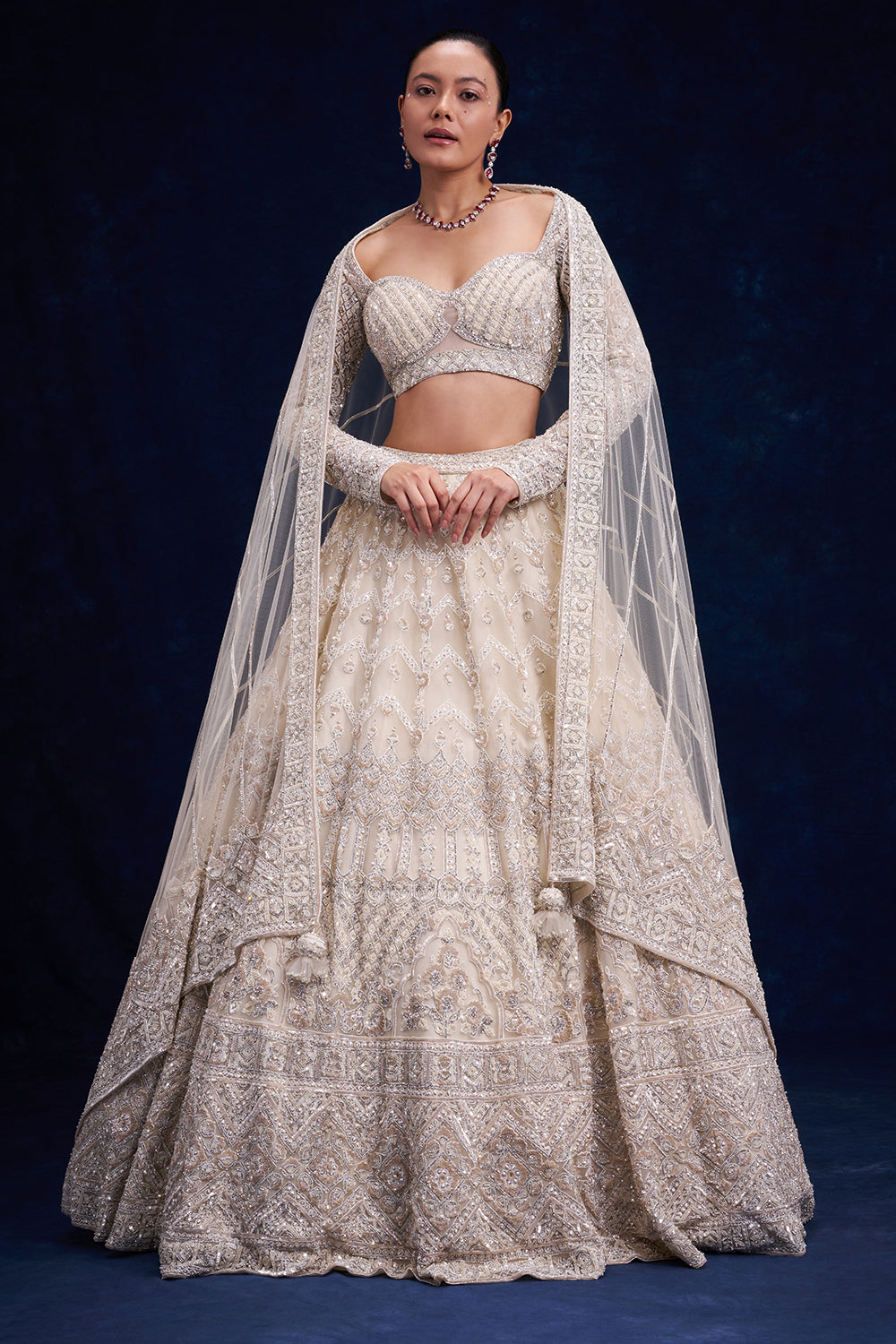 Off-White Net Bridal Lehenga with Pearl and Cutdana Work