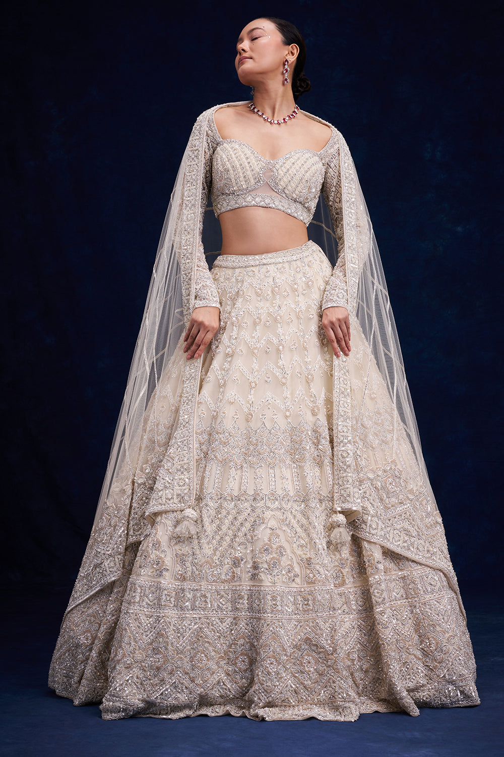 Off-White Net Bridal Lehenga with Pearl and Cutdana Work