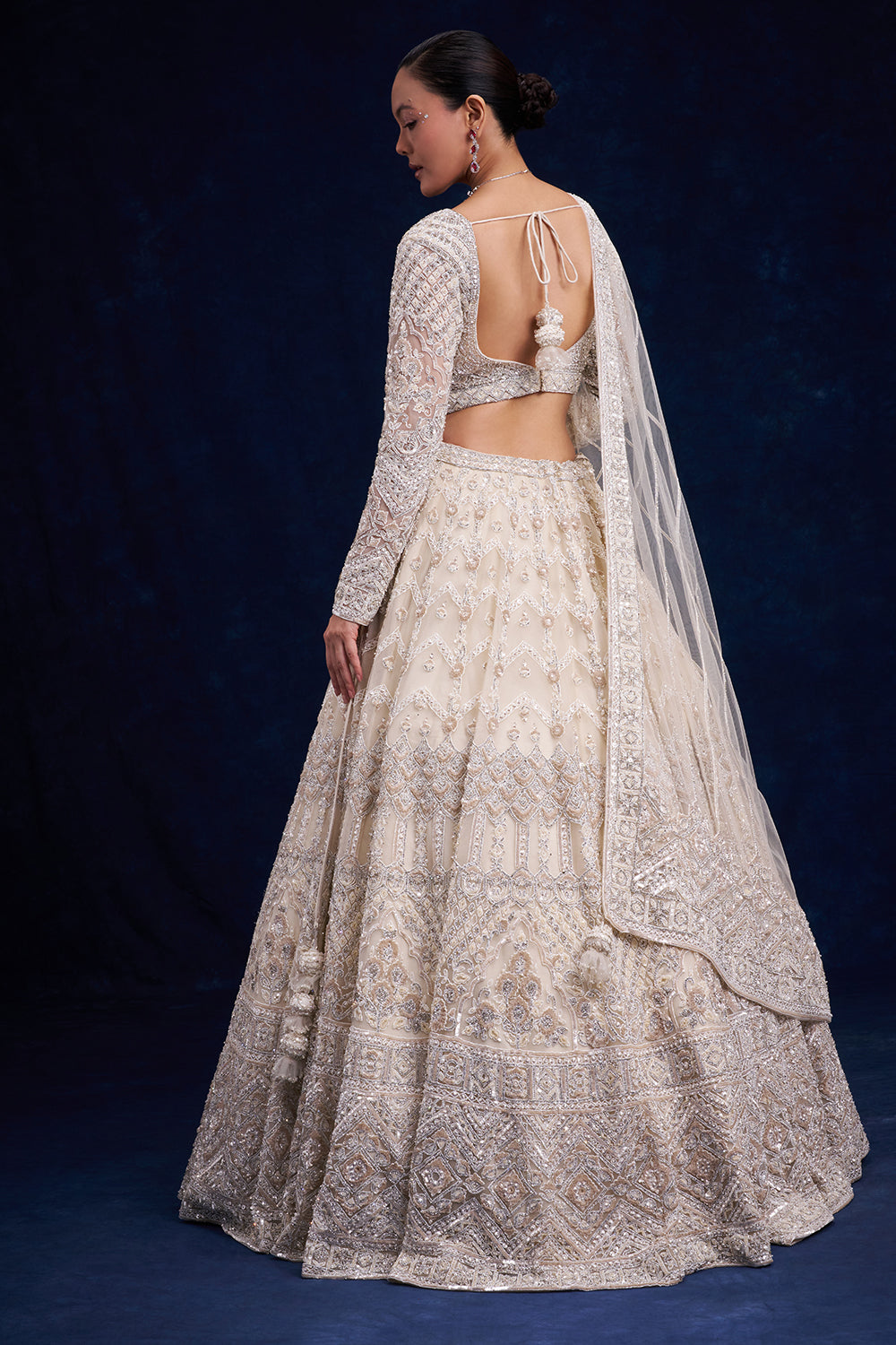 Off-White Net Bridal Lehenga with Pearl and Cutdana Work