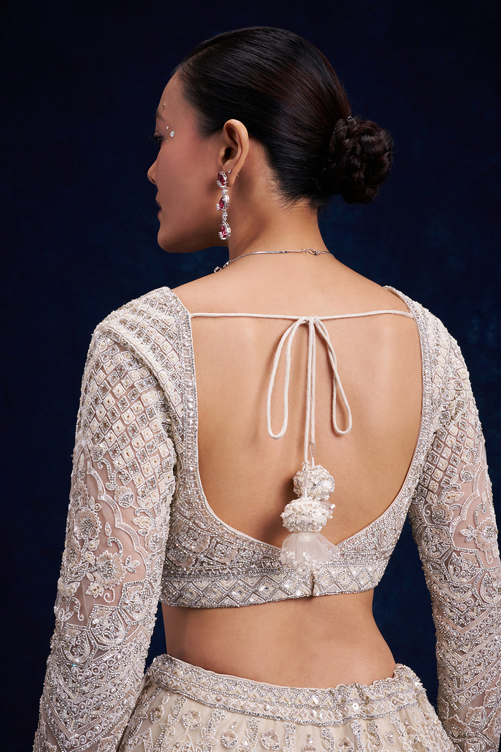 Off-White Net Bridal Lehenga with Pearl and Cutdana Work