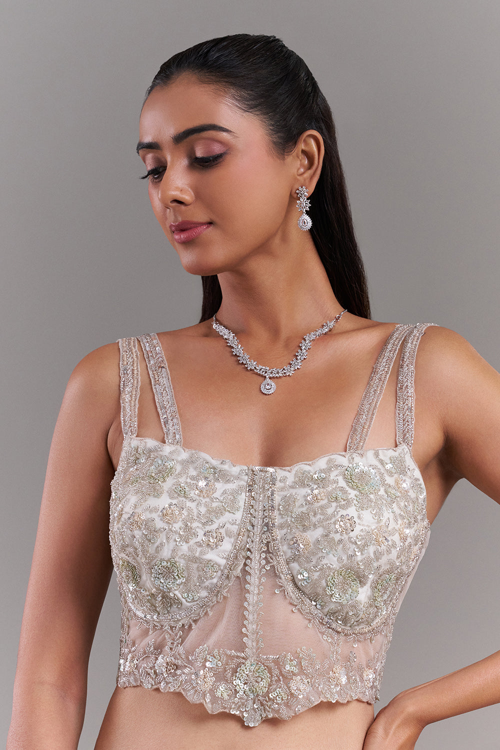 Off-White Net Embroidered Blouse with Floral Motifs