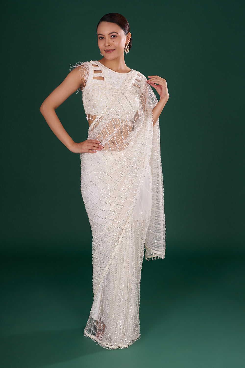 Off-White Net Saree with Crystal & Sequin Embroidery