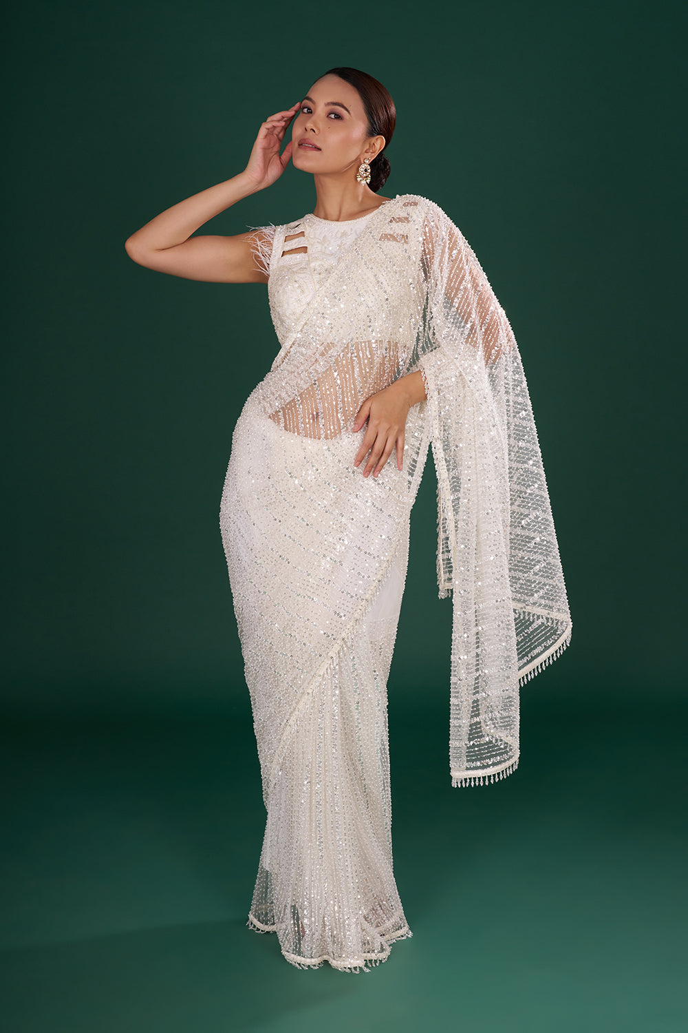 Off-White Net Saree with Crystal & Sequin Embroidery