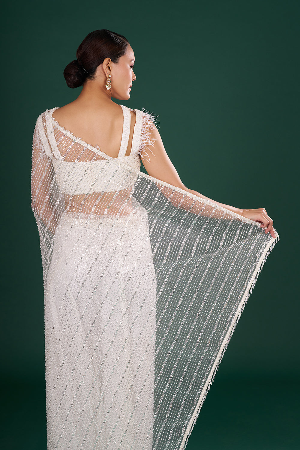 Off-White Net Saree with Crystal & Sequin Embroidery