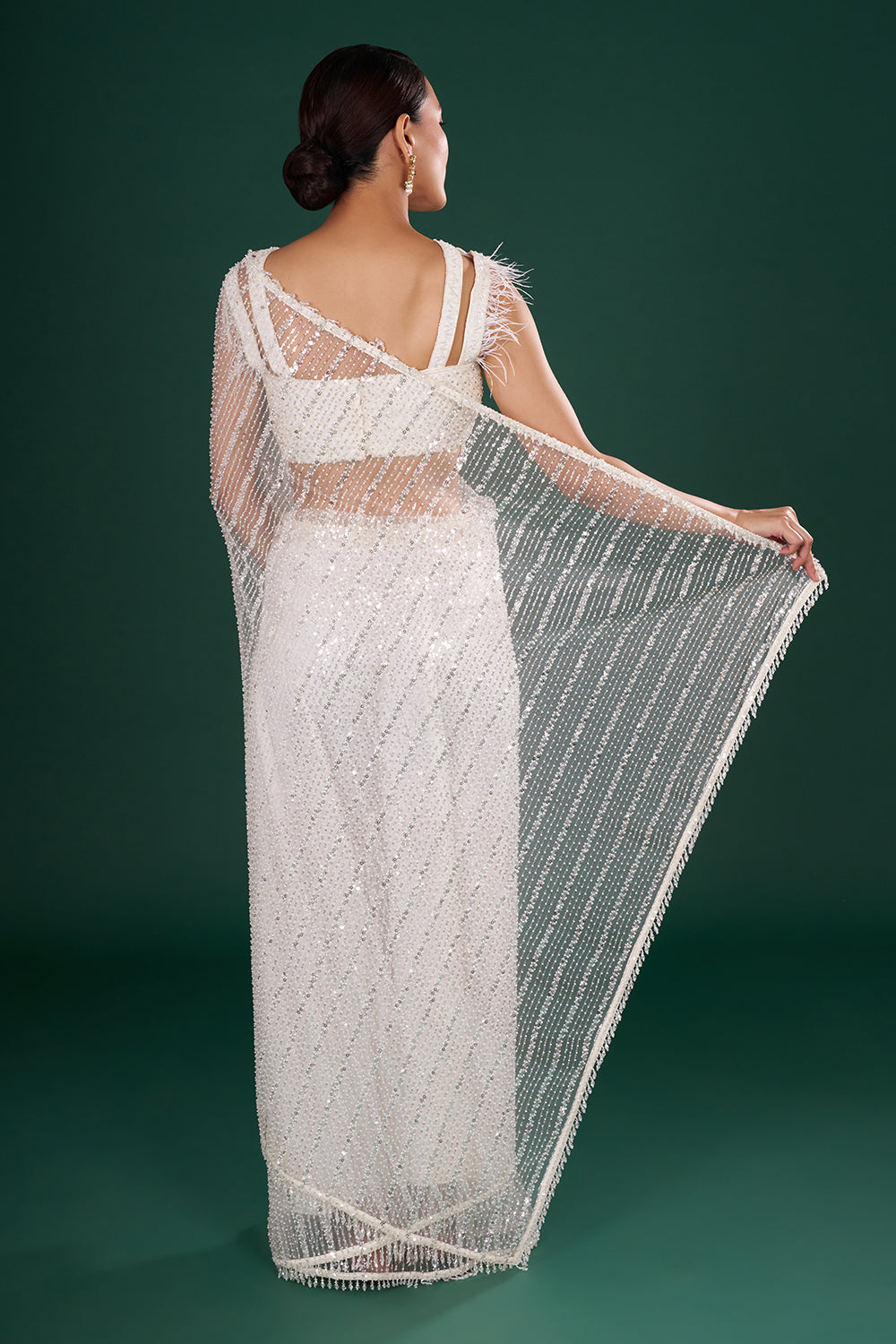 Off-White Net Saree with Crystal & Sequin Embroidery