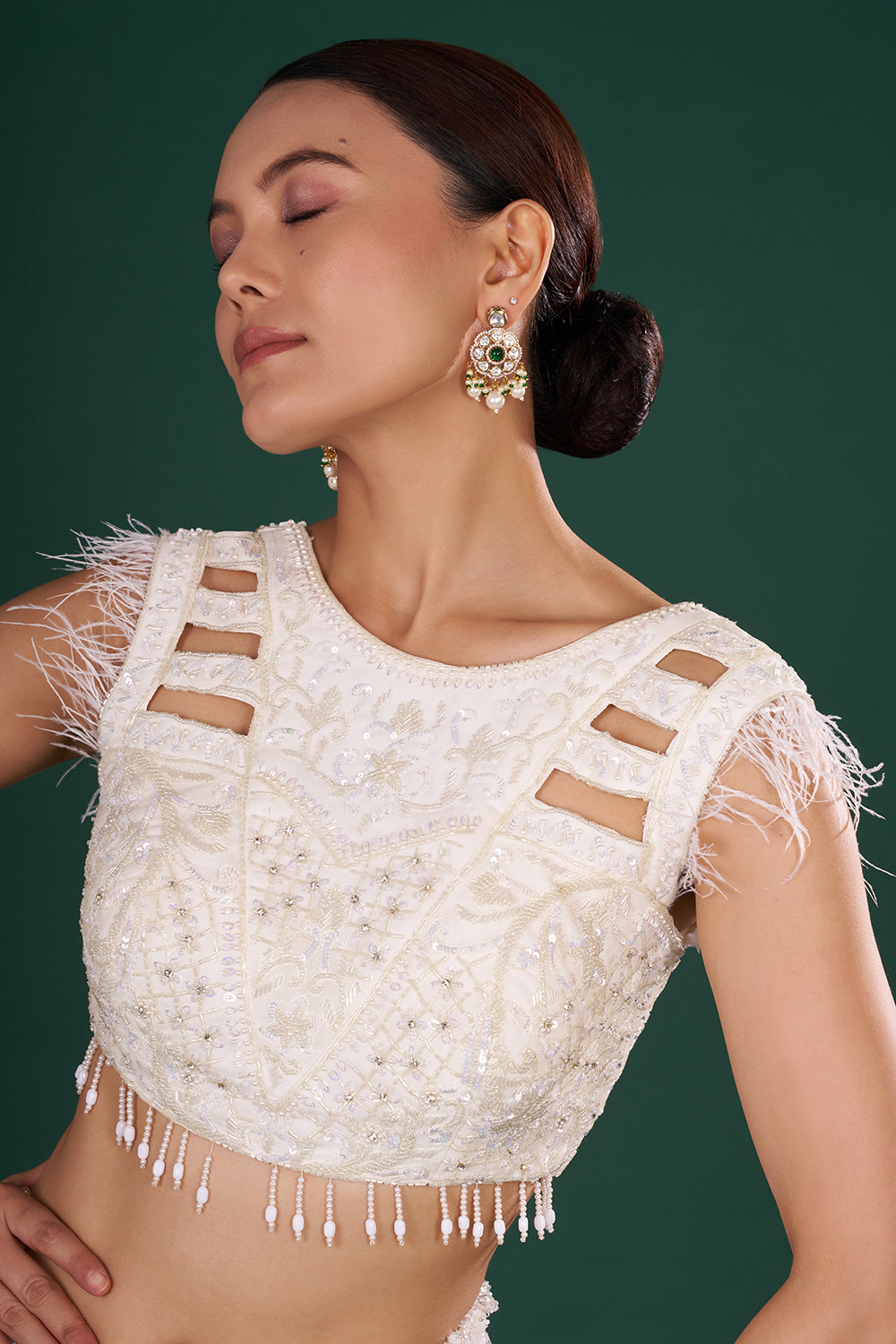 Off-White Net Saree with Crystal & Sequin Embroidery