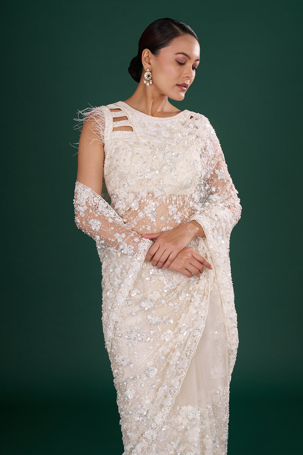 Off-White Net Saree with Cutdana & Sequin Embroidery